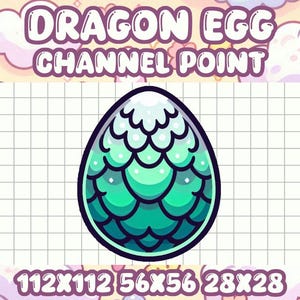 May include: A digital graphic of a dragon egg with a teal and green scale pattern. The egg is outlined in black and set against a grid background. The text "DRAGON EGG CHANNEL POINT" is above the egg.