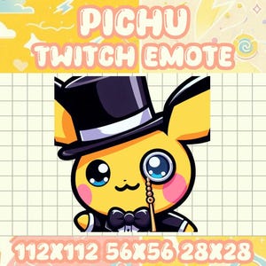 May include: A digital illustration of a yellow cartoon character wearing a black top hat, monocle, and bow tie. The text "PICHU TWITCH EMOTE" is at the top, with size dimensions at the bottom. The background is yellow and white.