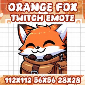 Könnte beinhalten: Orangefarbener Fuchs Twitch-Emote mit braunem Rucksack, lächelt mit geschlossenen Augen. Das Emote ist in den Größen 112x112, 56x56 und 28x28 Pixel verfügbar.