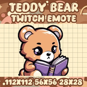 Pode incluir: Um urso de peluche castanho com olhos grandes está a ler um livro roxo. O urso está sentado num fundo de grade amarelo. O texto "TEDDY BEAR TWITCH EMOTE" está acima do urso. O texto ".112X112 56X56 28X28" está abaixo do urso.