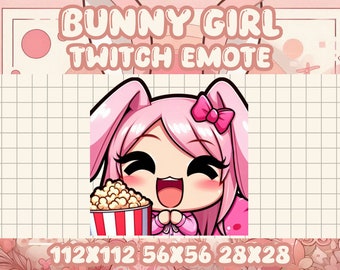 May include: A pink cartoon bunny girl with a pink bow in her hair is holding a red and white striped bucket of popcorn. The image is on a pink and white checkered background. The text "BUNNY GIRL TWITCH EMOTE" is at the top of the image. The text "112X112 56X56 28X28" is at the bottom of the image.
