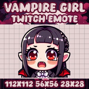 May include: A cartoon illustration of a vampire girl with black hair, red eyes, and fangs. She is wearing a black and red outfit with a white bow. The image is labelled "Vampire Girl Twitch Emote" and includes the dimensions "112x112 56x56 28x28".