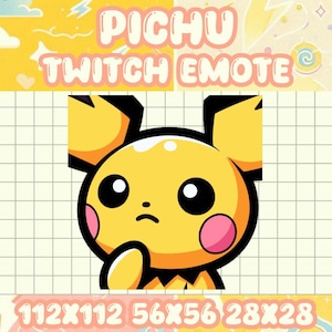 May include: A yellow Pichu Twitch Emote with a black outline, pink cheeks, and a thoughtful expression. The image includes the text "PICHU TWITCH EMOTE" and size dimensions.