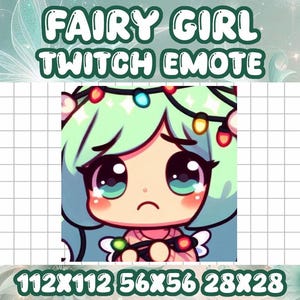 May include: A cartoon illustration of a fairy girl with green hair and large blue eyes. She is wearing a pink sweater and has a string of lights around her head. The image is labeled "Fairy Girl Twitch Emote" and includes the dimensions "112x112 56x56 28x28".