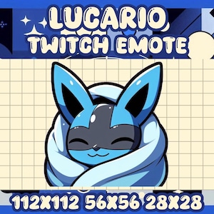 Op de afbeelding: Digitale illustratie van een blauw en zwart personage gewikkeld in een lichtblauwe deken. De afbeelding bevat de tekst "LUCARIO TWITCH EMOTE" in wit en blauw, samen met de afmetingen: 112x112, 56x56 en 28x28.