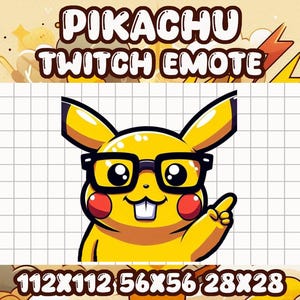 May include: A yellow Pikachu Twitch emote wearing black glasses, pointing with its right index finger. The image includes the text "PIKACHU TWITCH EMOTE" in a stylized font, along with size dimensions: 112x112, 56x56, and 28x28.