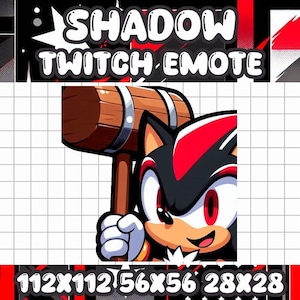 May include: A red and black cartoon character with a hammer, holding it up in the air. The character is smiling and has red eyes. The background is a grid pattern. The text "SHADOW TWITCH EMOTE" is at the top of the image. The text "112X112 56X56 28X28" is at the bottom of the image.