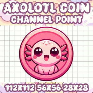 Könnte beinhalten: Ein rosa und weißes Cartoon-Axolotl mit großen Augen und einem Lächeln befindet sich in einem rosa Kreis. Der Text "AXOLOTL COIN CHANNEL POINT" befindet sich über dem Kreis. Der Text "112X112 56X56 28X28" befindet sich unter dem Kreis.