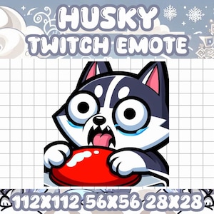 Peut inclure: Un chien husky de dessin animé aux grands yeux et une expression surprise appuie sur un bouton rouge. L'image est intitulée "HUSKY TWITCH EMOTE" et comprend différentes tailles : 112x112, 56x56 et 28x28.