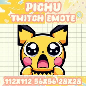 Puede incluir: Ilustración digital de un Pichu Twitch Emote amarillo con ojos grandes y expresivos y la boca abierta. La imagen incluye el texto "PICHU TWITCH EMOTE" y las dimensiones. El fondo es una mezcla de amarillo y blanco con elementos decorativos.