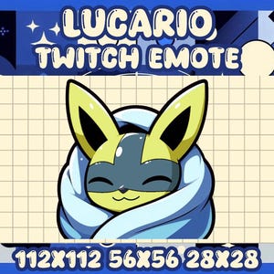 Könnte beinhalten: Digitale Illustration eines Cartoon-Charakters, eingehüllt in eine blaue Decke. Die Figur hat gelbe und schwarze Ohren und eine graue Maske. Der Text "LUCARIO TWITCH EMOTE" steht oben, mit Größenoptionen unten.
