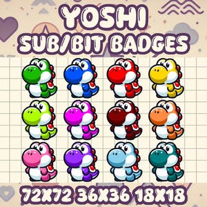 Distintivi Yoshi Sub: icone Kawaii Mario Twitch e Discord (set da 12)