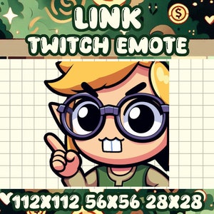 May include: A cartoon illustration of Link from the Legend of Zelda video game series. He is wearing a green tunic, brown trousers, and a pair of glasses. He has a mischievous expression on his face and is pointing with his right hand. The image is in a grid pattern with the text "LINK TWITCH EMOTE" at the top and "112X112 56X56 28X28" at the bottom.