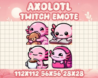 4-Pack Pink Axolotl Emote Bundle | Kawaii Chibi Icons for Twitch & Discord