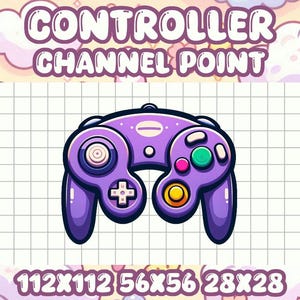 May include: Purple and white video game controller with a yellow, pink, and green button. The controller is on a white grid background with the text "CONTROLLER CHANNEL POINT" and "112X112 56X56 28X28" below.