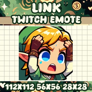 May include: A cartoon illustration of Link from the Legend of Zelda video game series. Link is wearing his green tunic and has a surprised expression on his face. The image is a Twitch emote.
