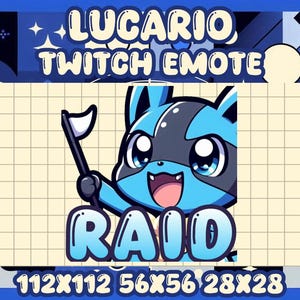 Puede incluir: Un personaje de dibujos animados azul y negro sosteniendo una bandera, con la palabra "RAID" debajo. La imagen también incluye el texto "LUCARIO TWITCH EMOTE" y las dimensiones.