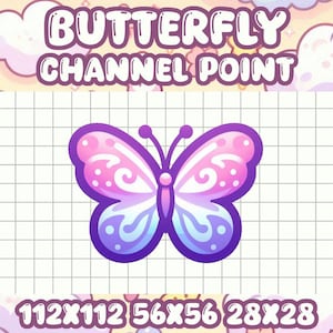 Pode incluir: Uma borboleta roxa e rosa com detalhes brancos e azuis sobre um fundo de grade branca. O texto "BUTTERFLY CHANNEL POINT" está na parte superior da imagem. Os números "112X112 56X56 28X28" estão na parte inferior da imagem.