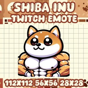 Könnte beinhalten: Ein Shiba Inu-Cartoon mit muskulösem Körper, der ein weißes Stirnband trägt. Das Bild befindet sich auf einem Gitterhintergrund mit dem Text "SHIBA INU TWITCH EMOTE" oben und "112X112 56X56 28X28" unten.