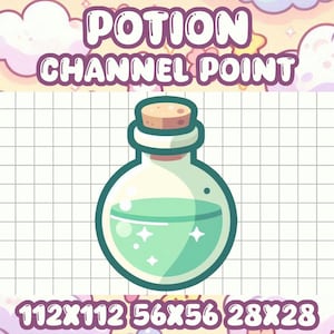May include: A green potion bottle with a cork stopper on a white grid background. The text "POTION CHANNEL POINT" is above the bottle and the text "112X112 56X56 28X28" is below the bottle.