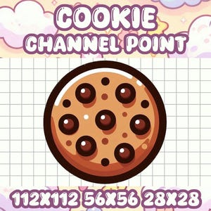 May include: A brown chocolate chip cookie with white chocolate chips. The cookie is on a white grid background with the text "COOKIE CHANNEL POINT" above it and the text "112X112 56X56 28X28" below it.