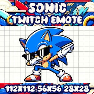 Puede incluir: Un erizo de dibujos animados azul con gafas de sol haciendo un dab, con el texto "SONIC TWITCH EMOTE" arriba. La imagen tiene un fondo de cuadrícula y las dimensiones 112x112, 56x56 y 28x28 se enumeran a continuación.