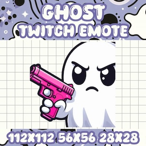Puede incluir: Un personaje fantasma blanco con una expresión enfadada sosteniendo una pistola rosa. La imagen está etiquetada como "GHOST TWITCH EMOTE" con especificaciones de tamaño. El fondo es un patrón de cuadrícula con un borde púrpura.