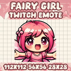Pode incluir: Uma menina fada rosa com asas e uma flor no cabelo. Ela está sorrindo e tem os braços estendidos. A imagem é um emote do Twitch com o texto "112x112 56x56 28x28" na parte inferior.
