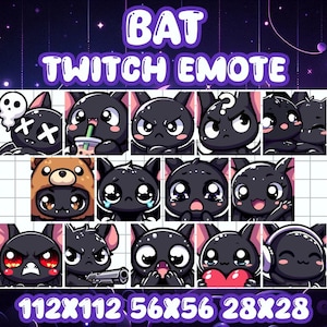 Black Bat Emote Bundle: Kawaii Twitch Discord Icons (14-Pack)