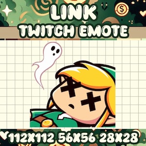 May include: A green and yellow cartoon character with a white ghost behind it. The character has an X for eyes and a frown. The text "LINK TWITCH EMOTE" is above the character. The text "112X112 56X56 28X28" is below the character.