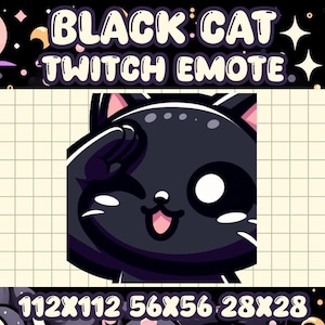 May include: A black cat with a pink nose and ears, winking and saluting with its paw. The cat is on a white grid background with the text "112x112 56x56 28x28" at the bottom.