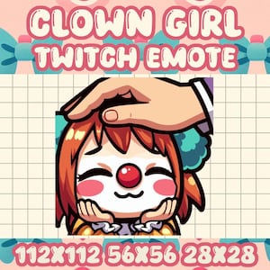 Może przedstawiać: Cyfrowa ilustracja emotki Twitch dziewczyny-klauna. Obraz przedstawia kreskówkowego klauna z rudymi włosami, czerwonym nosem i smutnym wyrazem twarzy. Tekst "CLOWN GIRL TWITCH EMOTE" znajduje się na górze, z wymiarami na dole.