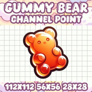May include: A cartoon gummy bear with a shiny orange and red color scheme. The gummy bear is in a cartoon style with a simple design. The image is labeled with the text "Gummy Bear Channel Point" and the sizes "112x112 56x56 28x28".