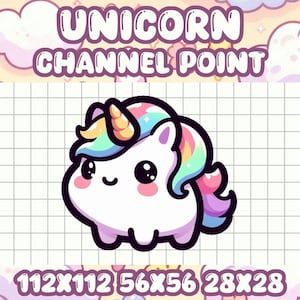 May include: A cartoon unicorn with a rainbow mane and a gold horn. The unicorn is on a white grid background with the text "112x112 56x56 28x28" below it.