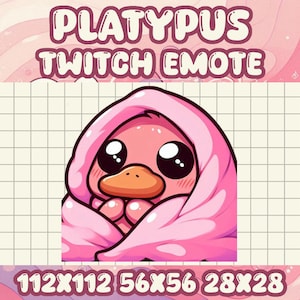 Puede incluir: Un ornitorrinco rosa de dibujos animados que lleva una manta con capucha rosa. El ornitorrinco tiene ojos grandes y un pequeño pico naranja. La imagen es un emoticono de Twitch.