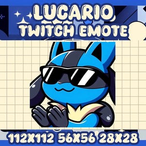 May include: A blue and black cartoon character wearing sunglasses, with the text "LUCARIO TWITCH EMOTE" above. The image includes sizes: 112x112, 56x56, and 28x28. The background is a grid pattern with a blue border.