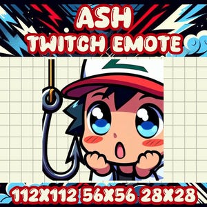 Op de afbeelding: Digitale illustratie van een Twitch-emote met een personage met grote blauwe ogen, een rode en witte hoed en een verbaasde uitdrukking. De tekst "ASH TWITCH EMOTE" staat bovenaan, met afmetingen onderaan.