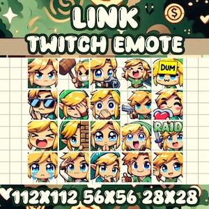 Puede incluir: Un conjunto de 16 emoticonos de Twitch que presentan un personaje de dibujos animados con cabello rubio y ropa verde. Los emoticonos están en una cuadrícula de 4 filas y 4 columnas. Los emoticonos incluyen expresiones como feliz, triste, sorprendido y enojado. Los emoticonos tienen diferentes tamaños: 112x112, 56x56 y 28x28.
