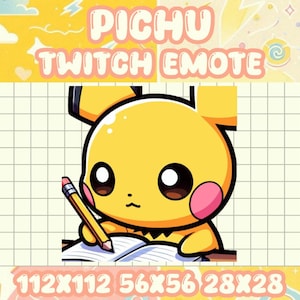 Puede incluir: Un personaje de dibujos animados amarillo con mejillas rosas y ojos negros, sosteniendo un lápiz sobre un libro abierto. La imagen incluye el texto "PICHU TWITCH EMOTE" y las dimensiones. El fondo es amarillo con líneas de cuadrícula y elementos decorativos.