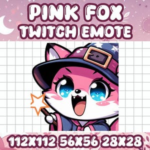 Könnte beinhalten: Rosa Fuchs-Hexe Twitch-Emote mit einem rosa Hut, blauen Augen und einem rosa-blauen Outfit. Das Emote hält einen Zauberstab mit einem Stern am Ende. Das Emote befindet sich auf einem weißen Gitterhintergrund.