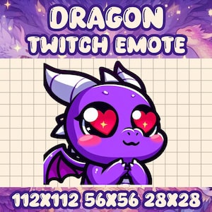 May include: Purple cartoon dragon with large eyes and hearts for pupils. The dragon is smiling and has its hands clasped together. The text "DRAGON TWITCH EMOTE" is above the dragon. The text "112X112 56X56 28X28" is below the dragon.
