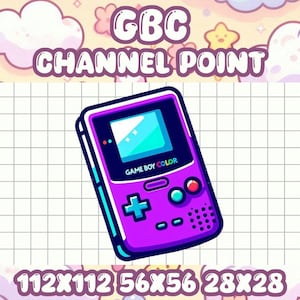 May include: A purple Game Boy Color handheld video game console with a blue screen and the text "GAME BOY COLOR" on the front. The console is on a white grid background with the text "GBC CHANNEL POINT" and "112X112 56X56 28X28" below.