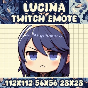 Op de afbeelding: Een digitale illustratie van een anime-personage met blauw haar en een vastberaden uitdrukking. Het personage draagt een gouden en blauwe outfit. De afbeelding is gelabeld "Lucina Twitch Emote" en bevat de afmetingen "112x112 56x56 28x28".