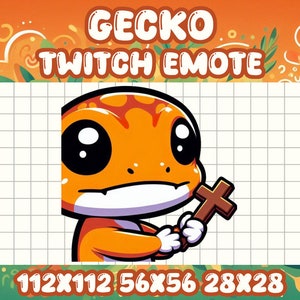 May include: A cartoon gecko with orange and red skin holding a brown cross. The gecko has large black eyes and a small mouth. The background is a white grid with the text "112X112 56X56 28X28" at the bottom.
