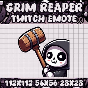 Puede incluir: Un Grim Reaper de dibujos animados con un gran mazo de madera, vistiendo una túnica negra con capucha. El Reaper tiene una cara de calavera con ojos grandes y una pequeña sonrisa. La imagen está en un patrón de cuadrícula con el texto "GRIM REAPER TWITCH EMOTE" en la parte superior.