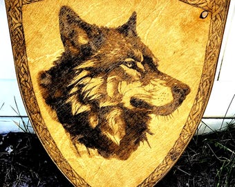 Engraved Wooden Wolf Shield: Wood Wall Decor