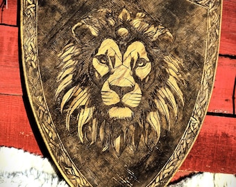 Engraved Wooden Lion Shield: Wooden Wall Decor, Handcrafted
