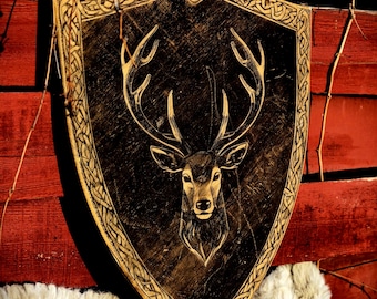 Engraved Wooden Stag Shield: Wooden Wall Decor, Handcrafted