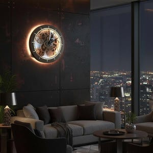 Reloj esqueleto iluminado, decoración de pared de estilo industrial moderno (22")