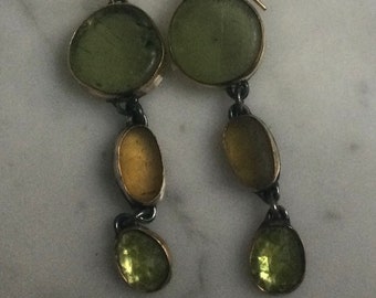 Triple drop sea glass and gemstone gold bezel set earrings